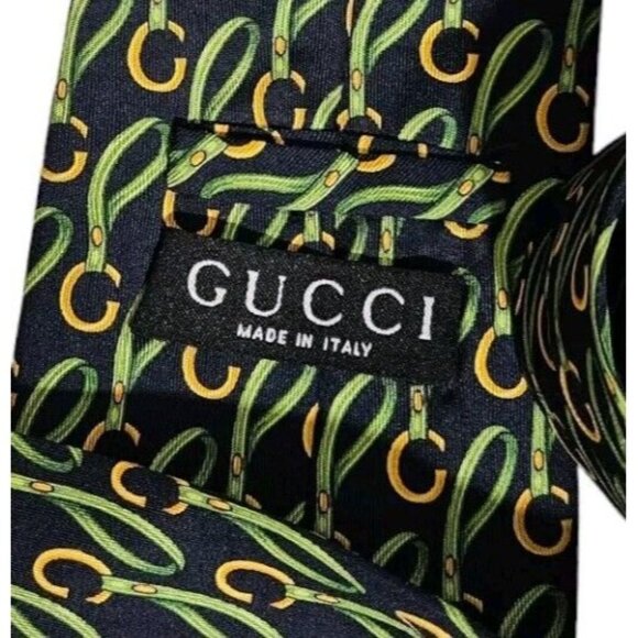 GUCCI Men's 100% Silk Necktie LUXURY Tie Navy Equestrian Monogram W:3.7" EUC - Picture 2 of 5